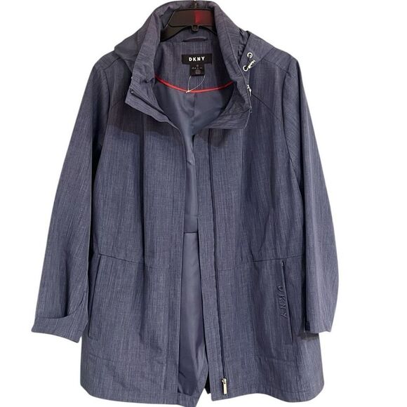 DKNY Blue Trench Rain Coat Tuck able Hood Zipper Front  Pockets - Picture 1 of 11